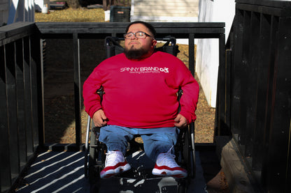 SPINNY BRAND CO. “REWRITING THE ASSUMPTIONS” RED CREWNECK SWEARSHIRT