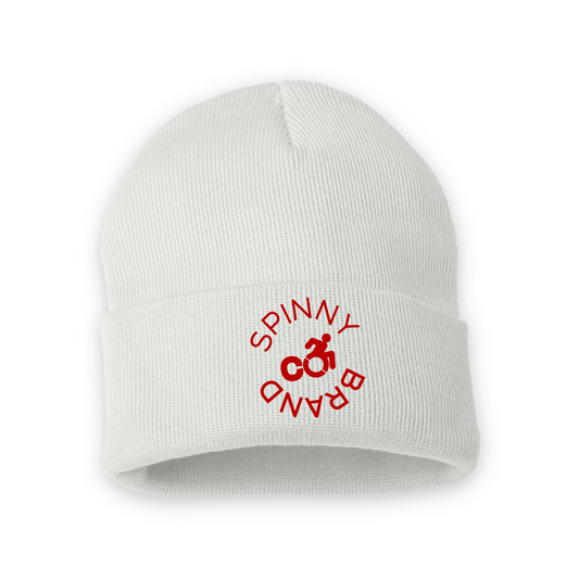 SPINNY BRAND CO. ROUND LOGO BEANIE WHITE w/ RED