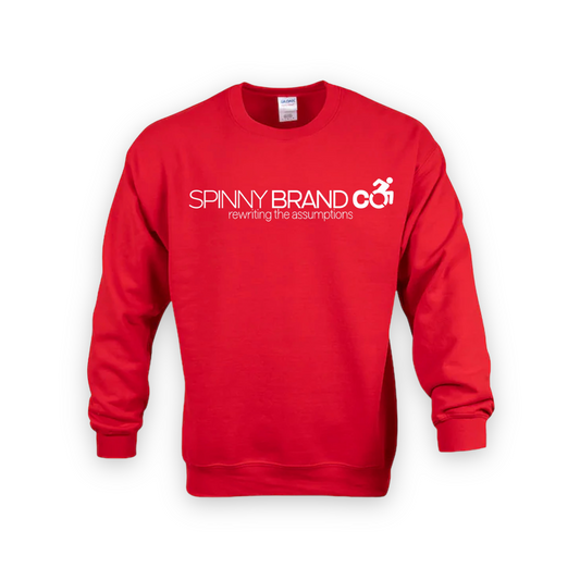 SPINNY BRAND CO. “REWRITING THE ASSUMPTIONS” RED CREWNECK SWEARSHIRT